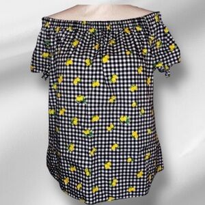 CHLOE & RENE Gingham Patterned Black & White Blouse w/Lemon Details SZ XL